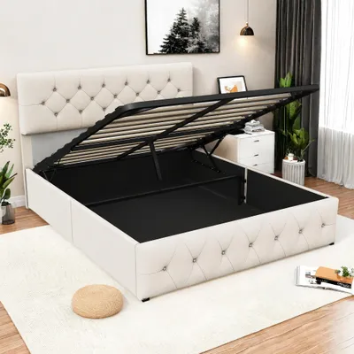Immagine prodotto di Letto imbottito Fortuna Lai 160x200 cm, letto a molle con rete a doghe, rete e testiera, velluto, beige
