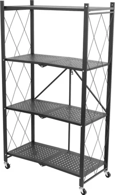 A four-tier metal shelving unit with wheels.