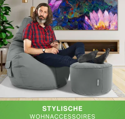 Produktbild von Green Bean® Sitzsack mit Rückenlehne + Hocker "Cozy+Stay" 80x70x90cm - Gaming Chair mit 230L EPS Perlen Füllung - Grau