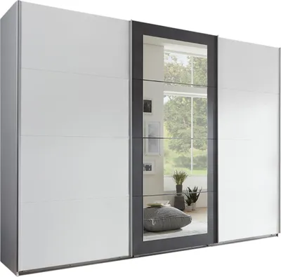 Produktbild von Schwebetürenschrank Kleiderschrank 270 cm Spiegel Zubehör Einlegeb. in Weiß Grau / 22001