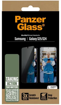 Productafbeelding van PanzerGlass Privacy Ultra-Wide Fit Anti-Bacterial Screenprotector incl. applicator voor de Samsung Galaxy S25