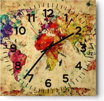 Produktbild von Wanduhr - Quadrat - Glasuhr - Karte Welt modern - 40x40cm - Schleichendes Uhrwerk - Lautlos - zum Aufhängen bereit - Dekoration Modern - Wanddekoration aus Glas - C4AC40x40-3582