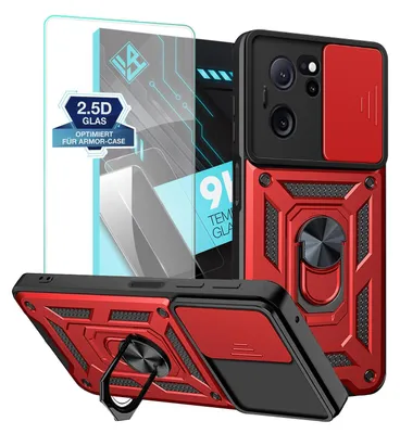 A collage of a red and black phone case with a built-in ring stand and a screen protector.