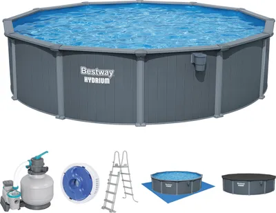 Produktbild von Bestway® Hydrium™ Stahlwandpool Komplett-Set mit Sandfilteranlage Ø 549 x 132 cm, Holz-Optik (Grau), rund