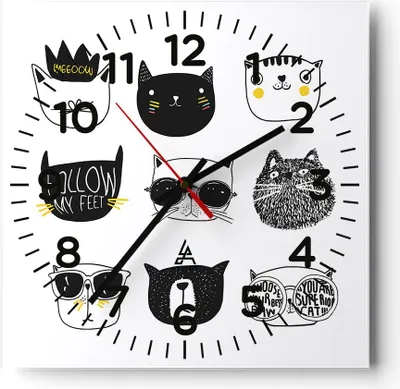 Produktbild von Wanduhr - Quadrat - Glasuhr - Katze Haustier Tiere Illustration - 30x30cm - Schleichendes Uhrwerk - Lautlos - zum Aufhängen bereit - Dekoration Modern - Wanddekoration aus Glas - C4AC30x30-2847