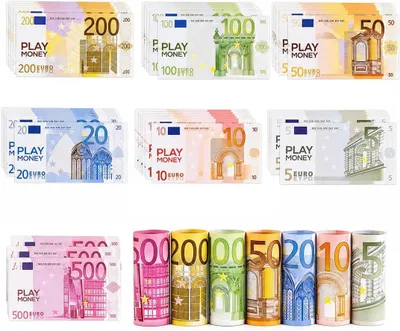 Imagen del producto de Dinero de juguete en euros, billetes y monedas, juego de 140 piezas, miniaturas realistas, para niños
