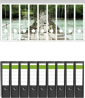 Produktbild von Wallario 9 Stück breite Ordner inkl. Klebeetiketten mit Motive Alte Hängebrücke über dem Fluss -  Set mit Rückenschildern / Ordnerrücken Stickern