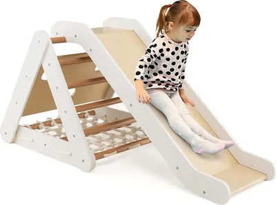 Produktbild von GOPLUS 3 in 1 Kletterdreieck mit Rutsche, Klettergerüst mit Leiter, Netz & Brett für Kinder ab 1 Jahren, Indoor Holzspielzeug mit Rampe