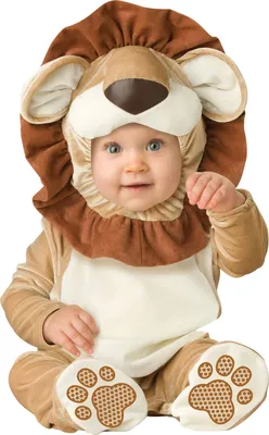 A baby wearing a lion costume.