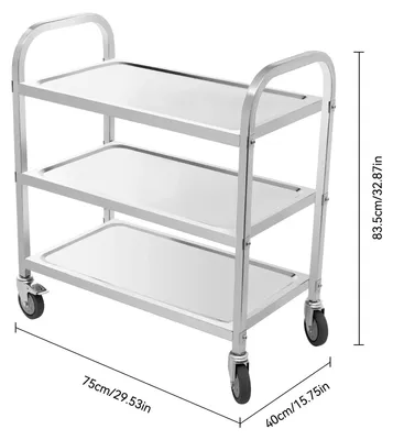 Produktbild von Servierwagen - 3-stufiger Küchenwagen - Edelstahl 201 - Universalrollen - Vertiefte Arbeitsplatte - 20 kg pro Ebene - Silber
