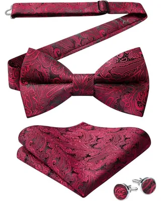 Produktbild von Herren Fliegen Set mit Einstecktuch und Manschettenknöpfen, Paisley, Bordeaux, Verstellbar