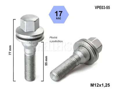 Obrázek produktu pro Kolový šroub M12x1,25x55, VPE03-55, plochá podložka, CITROËN, FIAT, PEUGEOT, klíč 17, výška 77 mm