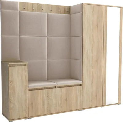 Produktbild von Garderoben-Set Noris VIII mit Spiegel, gepolsterte Garderobe 145 cm mit Schuhkommode, Wandpaneelen und Sitzbank (Farbe: Sonoma Eiche+ Trinity 04)