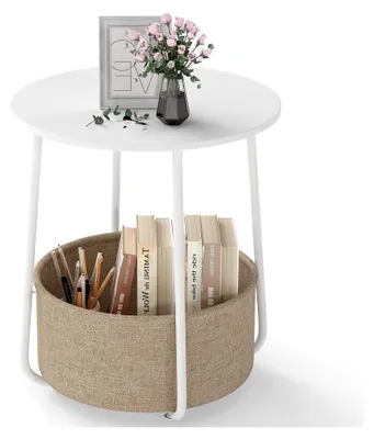 Produktbild von Runder Beistelltisch mit Aufbewahrungskorb, kleiner Couchtisch, Wohnzimmertisch, moderner Nachttisch, Tisch für Wohnzimmer und Schlafzimmer, φ45 x 50,5 cm (Weiß)