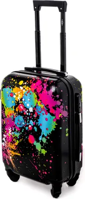 A black suitcase with a colorful paint splatter design.