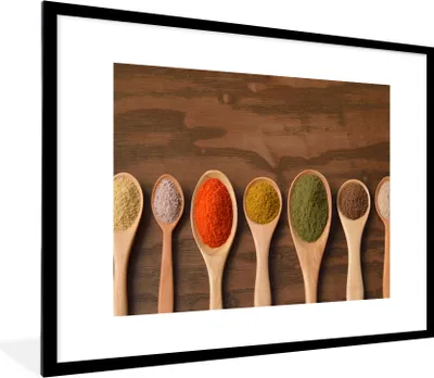 Produktbild von MuchoWow® Gerahmtes Poster Schöpfkelle - Kräuter - Lebensmittel - Gewürze - Tisch 80x60 cm - Poster mit Schwarzem Bilderrahmen Wandposter Rahmen Foto Bilder - Schlafzimmer-Dekorationen - Fotoposter
