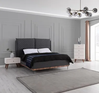 Produktbild von Schlafzimmer Garnitur Schwarzes Doppelbett Weiße 2x Holz Nachttische