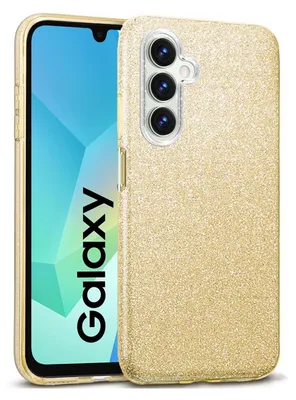 A gold glitter phone case is shown on a Samsung Galaxy phone.
