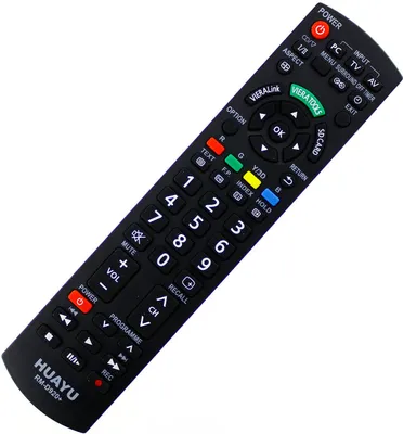 A black remote control is shown against a white background.