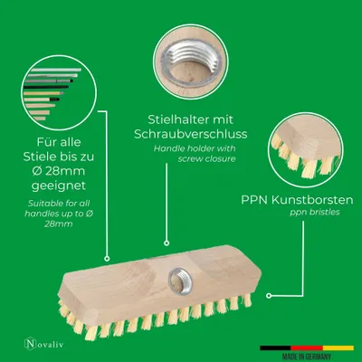 Produktbild von Schrubber aus Holz mit Borsten Wischer mit Gewinde und Schraub- Steckstiel vierteilig Scheuerbürste PPN Boden Bürste Ideal für Reinigung von Balkon Terrasse Garten Innen & Außenbereich