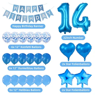 Produktbild von Geburtstagsdekorationsset 14. Geburtstag, blau und hellblau, Banner, für Feier