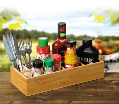 Productafbeelding van Bamboe houten Opbergdoos met 8 vakken - Barbecue Bbq Grill box - Buffet box - Voor Opbergen van sauzen specerijen bestek etc