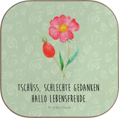 Produktbild von Mr. & Mrs. Panda Tassenuntersetzer Blume Hagebutte - Blattgrün - Geschenk, Garten, Untersetzer für Gläser, unterleger, Schlechte Gedanken, Coaster, Tischuntersetzer
