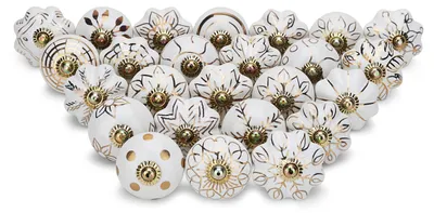 Image de Boutons de porte dorés, boutons de porte anciens en céramique, poignées de tiroir, ferrures pour meubles de cuisine, boutons en laiton et boutons d'armoire – 25 pièces