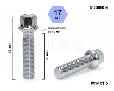 Obrázok produktu pre Skrutka kolesa M14x1,5x60 guľová skrutka R14, kľúč 17, S17D60R14, výška 80 mm