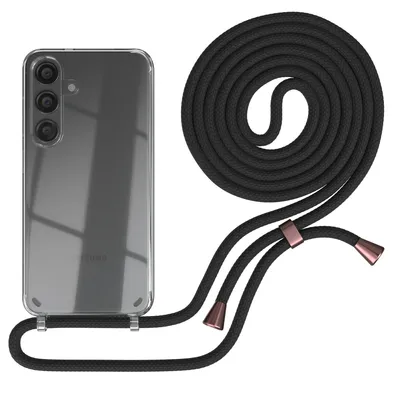 A clear phone case with a black lanyard and rose gold accents is displayed against a white background.