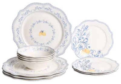 Produktbild von BELIANI Tafelservice 12-teilig Weiß / Blau Porzellan Handgefertigt für 4 Personen Vintage Stil Mediterranes Muster Teller Schüsseln Geschirrset Küche
