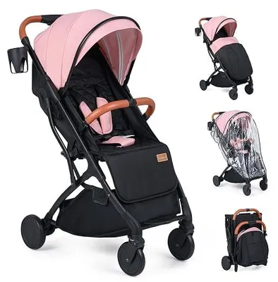Imagen del producto de Cochecito plegable con protector para la lluvia, carrito de viaje con respaldo ajustable, reposapiés, capota y asa, cochecito para bebé con función de reclinación, carrito para bebés hasta 3 años, con capacidad de carga de 15 kg (rosa)