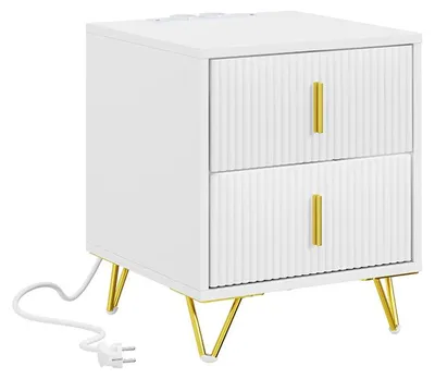 SoBuy Nachttisch FBT115-E-W weiß mit goldfarbenen Beinen und Kabelanschluss