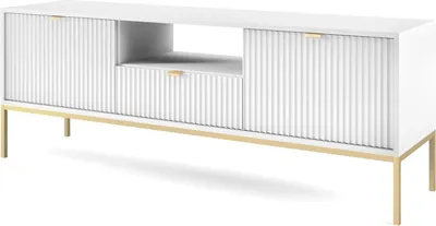 Produktbild von TV Lowboard Kioto 154 cm Weiß & Gold – Rillenfront, Goldene Griffe, 1 Schublade, Elegant