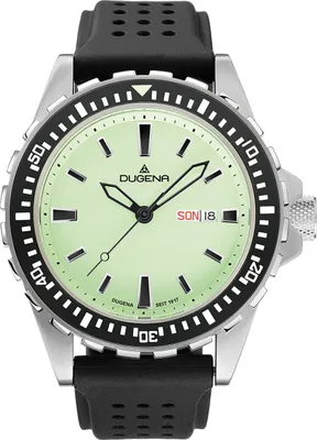 A close-up studio shot of a Dugena men's wristwatch with a black rubber strap and a light green dial.