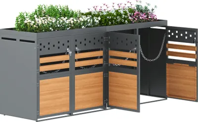Image de OKWISH Boîte à poubelles 4 places 120-240 litres, Porte anthracite effet bois, Boîte de rangement pour poubelles, Bac à ordures, avec toit végétalisé, Gris + Nature