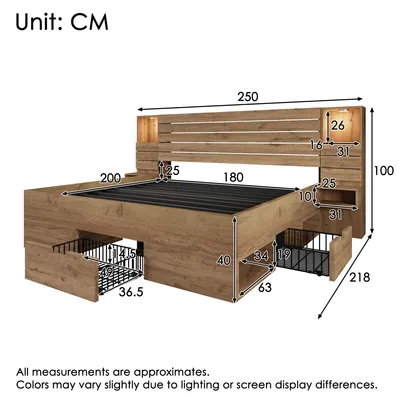 Productafbeelding van Houten bed tweepersoons 180 x 200 cm met LED, USB, Type-C, verlichte nis, zwevende nachtkastjes, opbergruimte onder het bed, eikenuitstraling