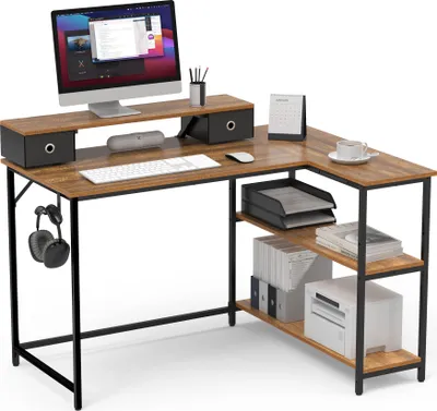 Produktbild von Mondeer L-Förmiger Computertisch Abnehmbare Monitorständer mit 2 Schubladen Schreibtisch mit 2 Regalen links oder rechts 120x90x90cm Vintage Braun