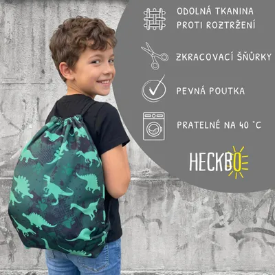 Obrázek produktu pro HECKBO Dětský vak na přezůvky s motivem dinosaurů | Sportovní vak pro kluky | Do školky, školy a na sport, 40 × 32 cm