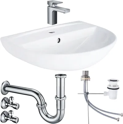 Produktbild von Waschbecken Komplettset Tulpe 60 cm mit Hansgrohe Armatur Ablaufgarnitur und Siphon Schell Eckventil