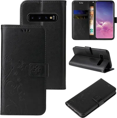 Produktbild von Handyhülle für Samsung Galaxy S10 Floral Blumen Schmetterling Flip Cover Hülle Case Klapphülle Handytasche Farbe: Schwarz