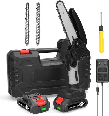 Produktbild von Mini Kettensäge, 6 Zoll 21V Elektro-Kettensäge mit 2x Batterie 2x Kette 1x Führungsplatte 1x Ladegerät und  1x Aufbewahrungsbox, Tragbare Handgeführte Akku Kettensäge