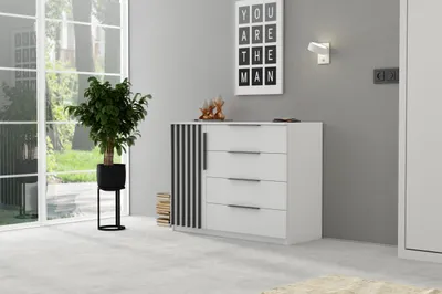 Zdjęcie produktu dla Komoda Atena 120 – Nowoczesna Komoda Biała z Czarnymi Listwami, 120x89x48 cm