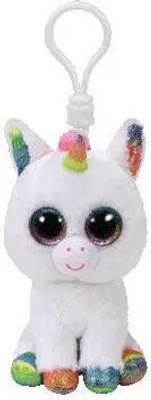 A white plush unicorn toy with rainbow accents and large glittery eyes, attached to a white clip.