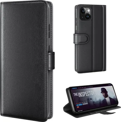 Produktbild von Echtleder Handyhülle für Apple iPhone 15 Lederhülle Cover Case Tasche Klapphülle Fliphülle Leder Hülle Farbe: Schwarz