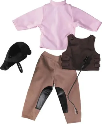 A set of doll clothing for equestrian activities, including a shirt, vest, pants, helmet, and riding crop, laid out on a white background.