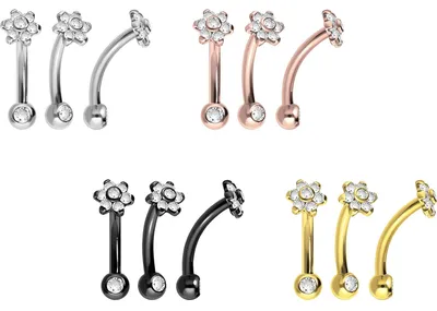 Produktbild von Bauchnabel-Piercing, Rook Piercing Titan Banane mit Push Fit BLUME MIT 7 KRISTALLEN + KRISTALLKUGEL RoséGold Stablänge: 6mm | Discgröße: 5mm