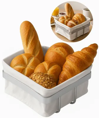 Produktbild von Brotkorb mit Stoffeinsatz 20x20 cm – Brötchenkorb aus Metall & Baumwolle – Frühstückskorb modern & waschbar – für Brötchen, Croissants, Obst & Snacks