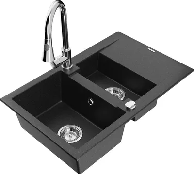 Produktbild von Mexen Gaspar 1,5-Becken-Granitspüle mit Abtropffläche und Mischbatterie Elia, Schwarz/Silbermetallic - 6507-73-670101-00
