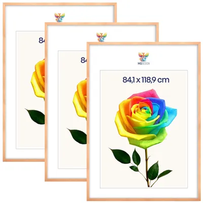 Obrázok produktu pre MG Design, sada 3 kusov rámov na obrazy, prírodná farba, formát A0, 84,1 x 118,9 cm - rámy na plagáty z masívneho dreva s akrylovým sklom, zosilnený systém na zavesenie, vhodné na zavesenie vertikálne aj horizontálne